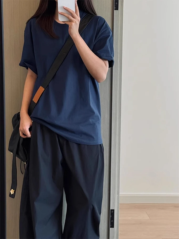Royal Blue Long Staple Cotton Short Sleeve T-Shirt American Style Five Points Half Sleeve Summer Casual Loose Fit round Neck