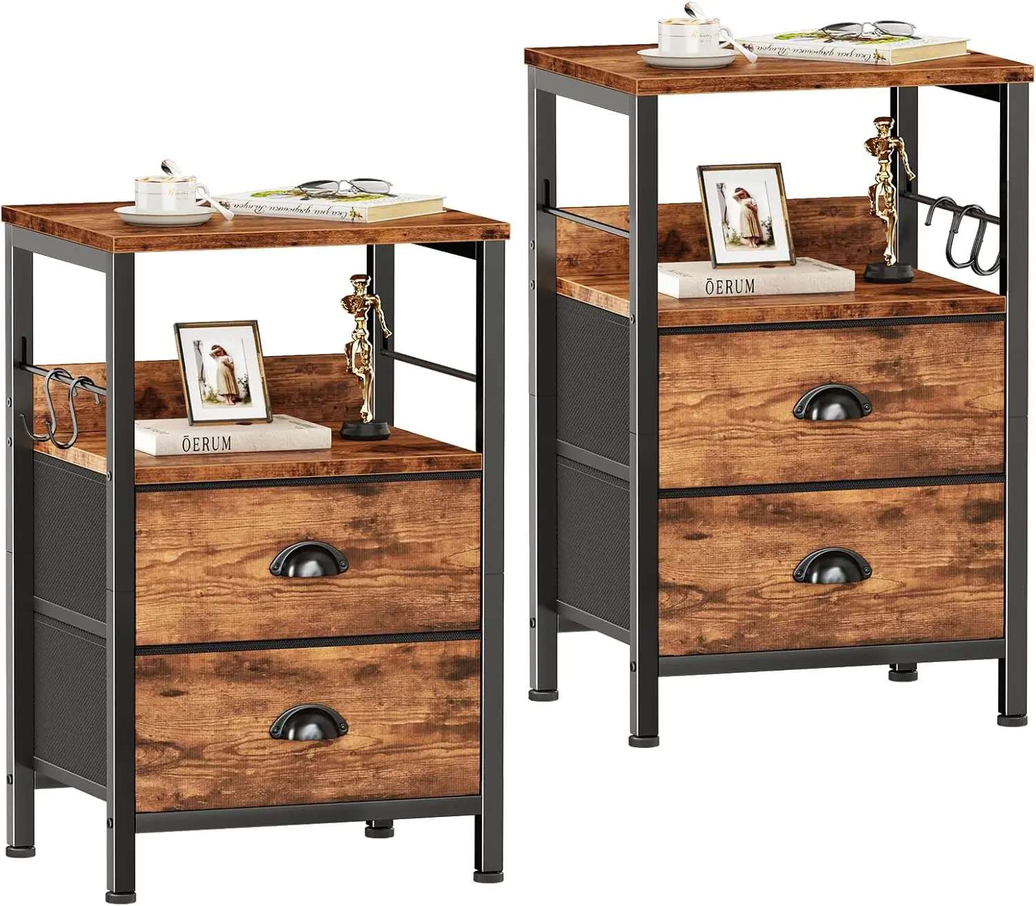 

Night Stand Set of 2, Nightstand with 2 Fabric Drawers, Bed Side Table with Open Shelf, Wooden Top, Hooks, Backboard Design
