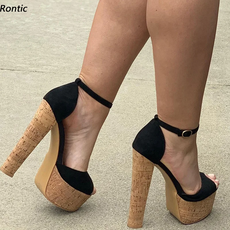 Rontic Change Color Women Platform Sandals Ankle Strap Unisex Cork Block Heel Open Toe Elegant Black Dress Shoes US Size 5-20