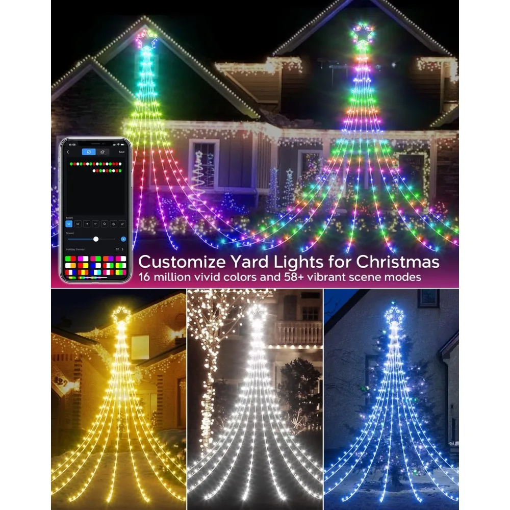 23FT Outdoor Christmas Decorative Lights, Intelligent RGB LED Tree Lights Waterfall DIY Preset Scene Application Remote Control