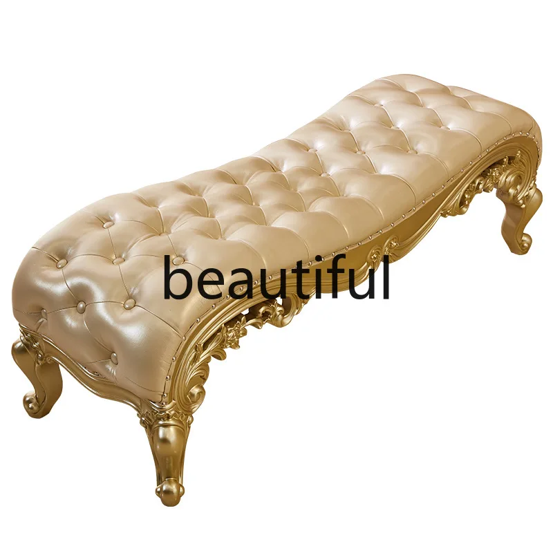 European style bedside stool all solid wood carved bedroom sofa shoe change stool leather champagne gold