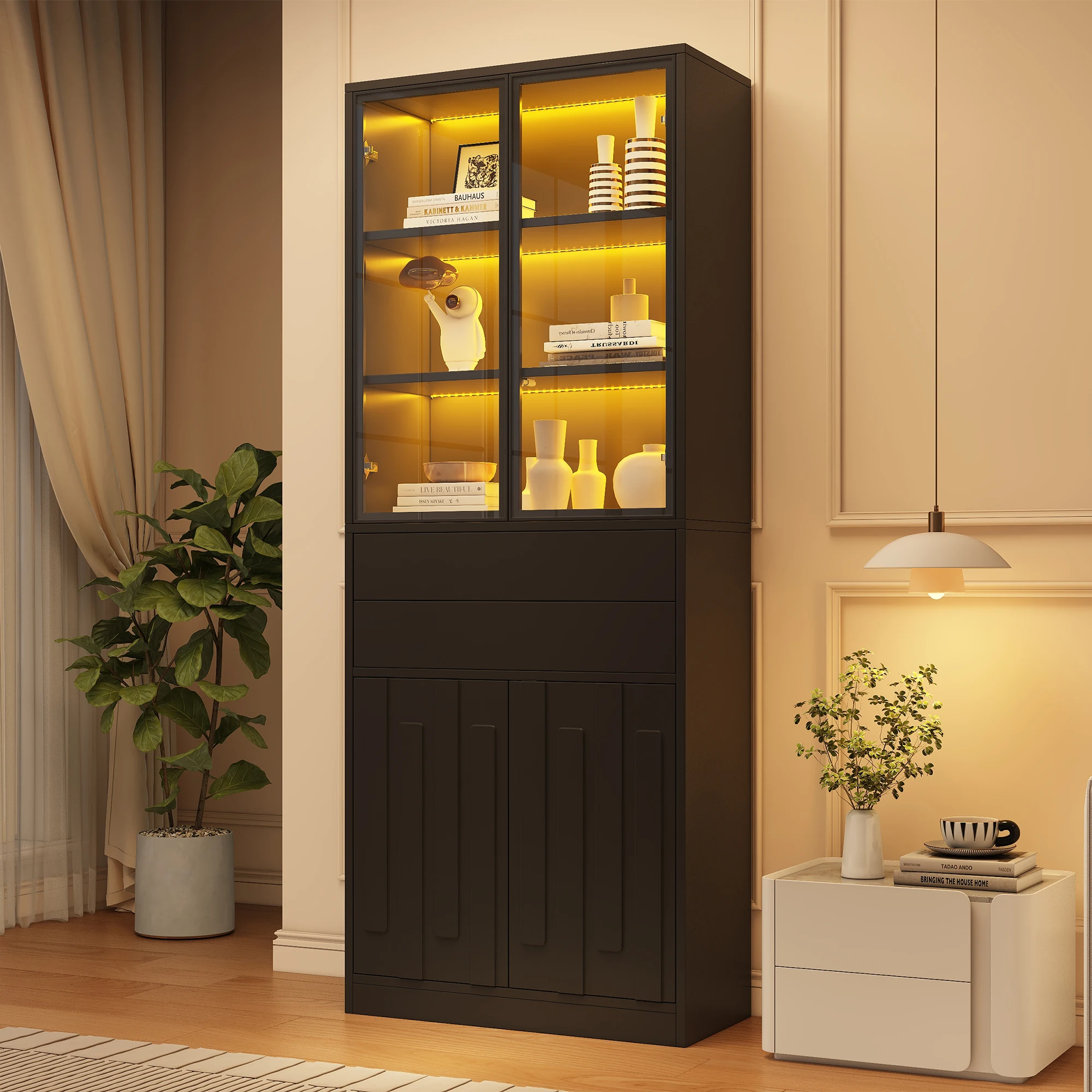 Vitrine noire avec portes en verre, éclairage LED Bluetooth contrôlable par application, 2 tiroirs, charnières à fermeture douce, 7 étagères réglables, vitrine de rangement pour salon, bureau, entrée, finition mate.