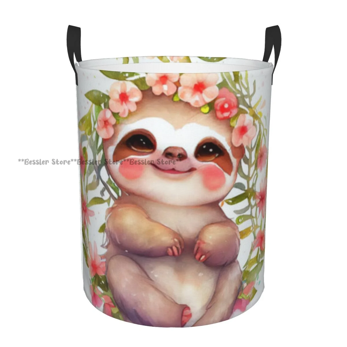 Dirty Laundry Basket Adorable Sloth With Floral Wreath Portrait Folding Clothing Storage Bucket