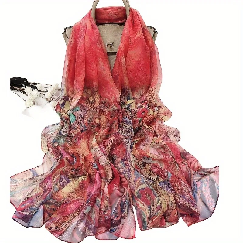 

Lightweight Large 100% Mulberry Silk Chiffon Scarf for Women Oblong Shawl Neck Scarf Beach Wrap Headscarf Gift Pack Red Floral