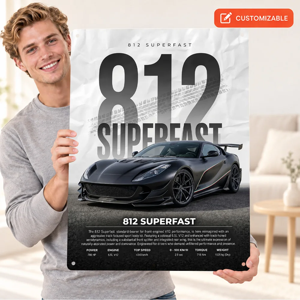 Italian Black 812 Superfast Supercar Aluminum Poster Customized Metal Sign Technical Graphic Design Wall Art For Home Office