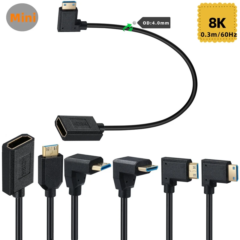 30cm 2.1V 8K 60Hz 90 Fegree Angle Mini HDMI-compatible Male to HDMI-compatible Female Thin Wire HD OD4.0mm Extension Cable