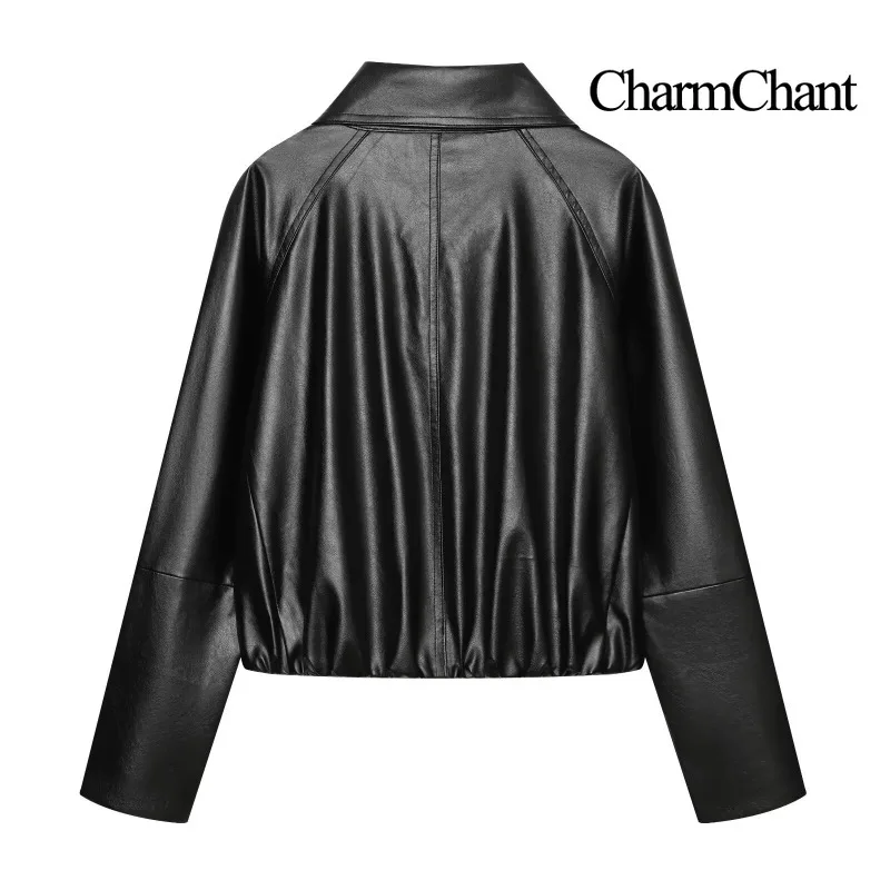 CHARMCHANT Women's Cropped Double Breasted Faux Leather Biker Jacket Outerwear For Street Style Daily Outing Fall 2026