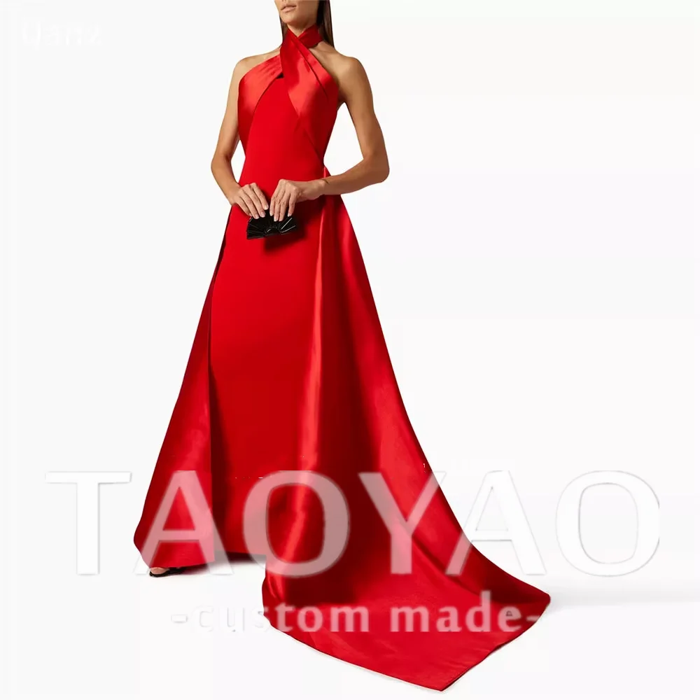 

Customized Elegant Red Satin Prom Dress Halter Neck Backless Sleeveless Mermaid 2025 Long Dresses For Women Robe De Soriee