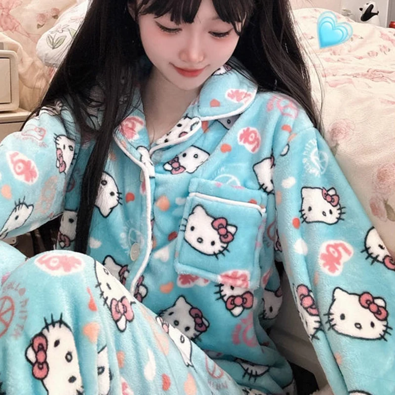 Sanrioed Japanese Cartoon Hello Kittys Pajamas Woman Keep Warm Flannel Autumn Winter New Kawaii Sweet Home Wear Nightgown Suit