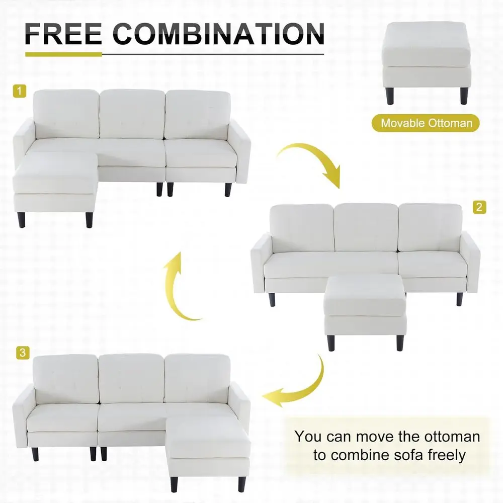 Modern White Linen L-Shaped Sectional Sofa with Reversible Chaise for Living Spaces