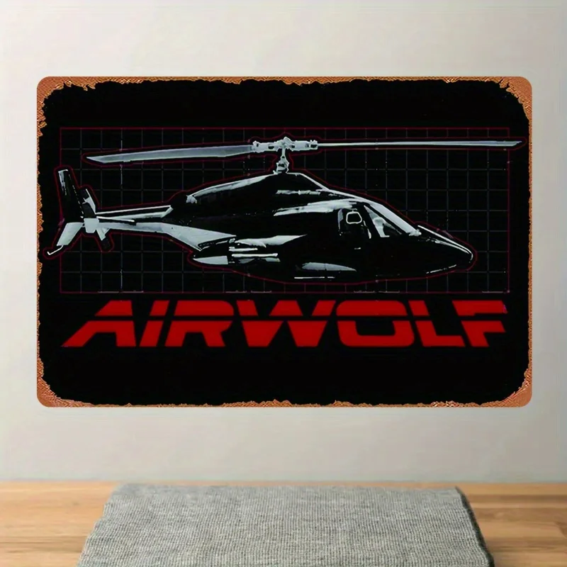 AirBnk Airwolf Vintage Metal Wall Sign - Helicopter Silhouette,Bold Red Text Art Deco Design Durable Iron Plaque for