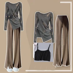 Women's Autumn Fashion Hole Split T Shirts Sling Flare Pants Sets Lady Falls Casual Solid Long Sleeve Crop Tops Trousers Outfits