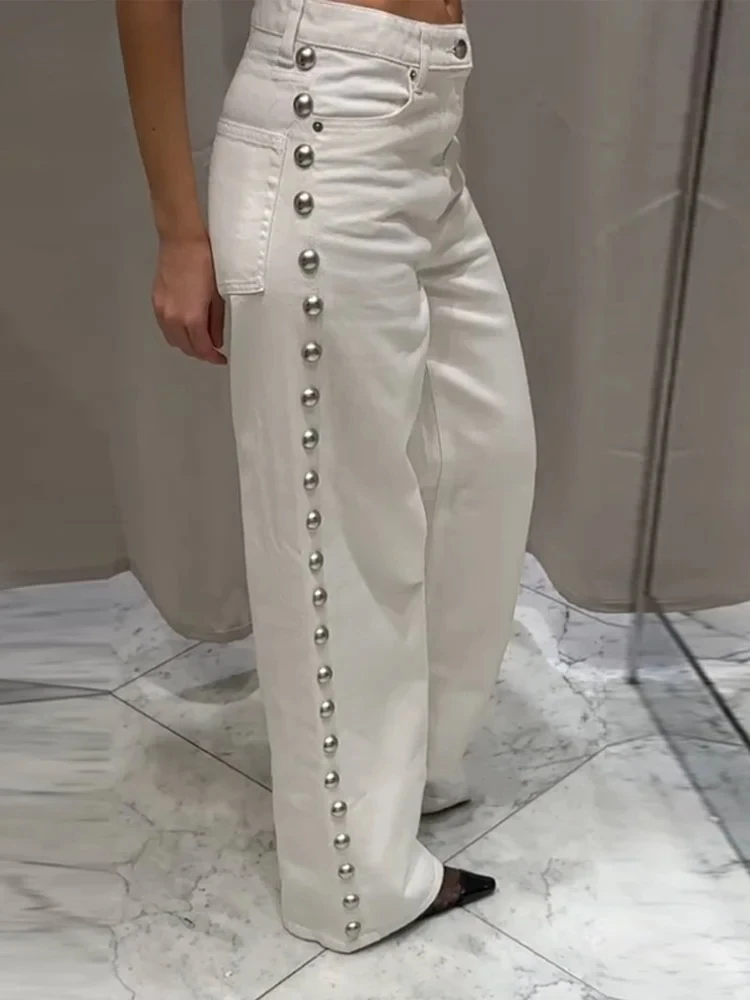 Pantalones vaqueros con cuentas de calle para mujer, pantalones vaqueros rectos a la moda con bolsillos de cintura alta para mujer, pantalones Vintage Y2k para primavera y verano