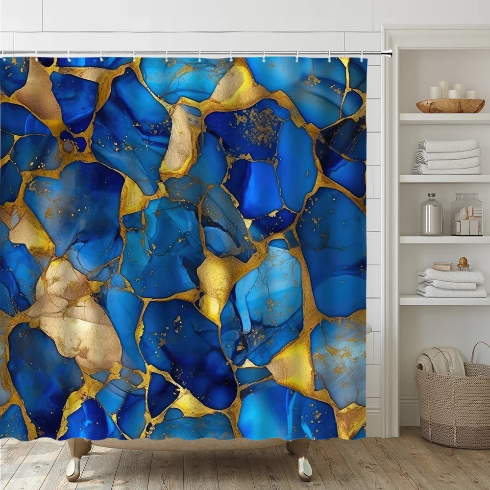 Blue Marble Shower Curtain Set Toilet Lid Cover Non-Slip Rug Luxury Gold Marbling 4Pcs Modern Abstract Bathroom Curtains 12 Hook