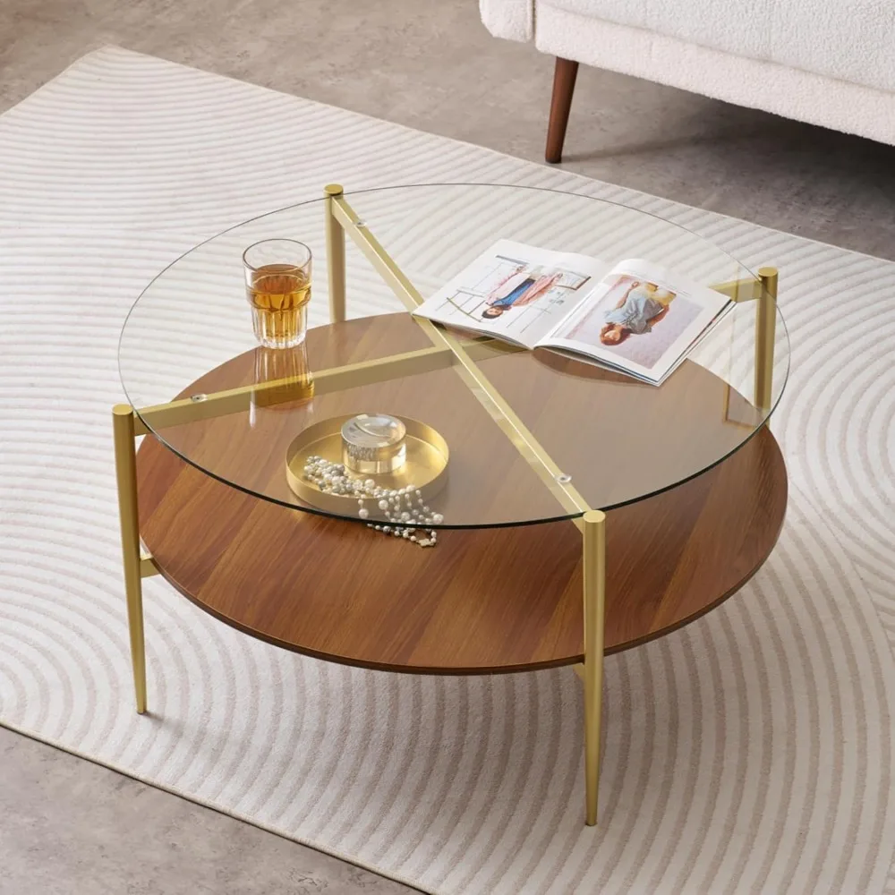 

Extra Large Round Coffee Table, Mid-Century Modern Design, D34 x H17 in, for Living Room, 2-Tier Structure, Clear Glass Top and