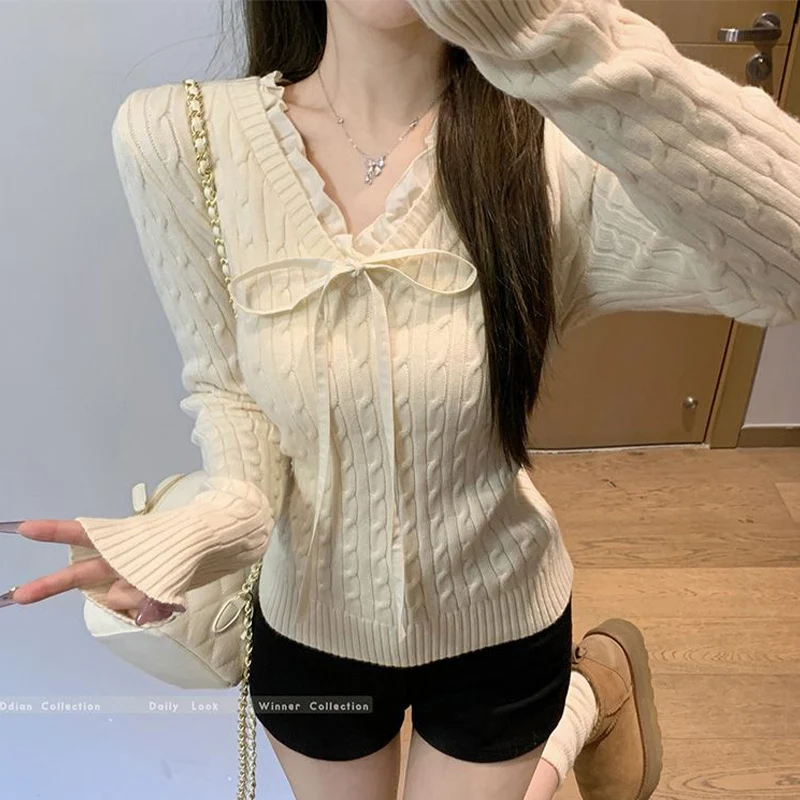 

Женская одежда, свитер с v-образным вырезом и рюшами на шнуровке с бантом для женщин, весенне-осенний милый шикарный тонкий пуловер, вязаный топ