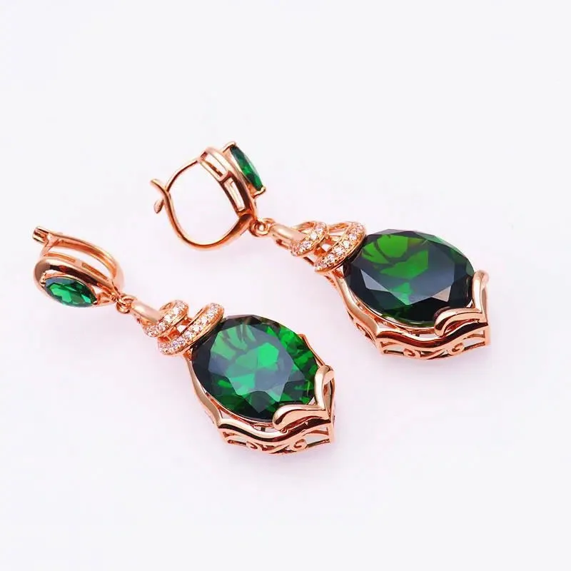 585 purple gold ear buckle plated 14K rose gold fashion luxury inlaid emerald earrings for women exquisite wedding jewelry gift