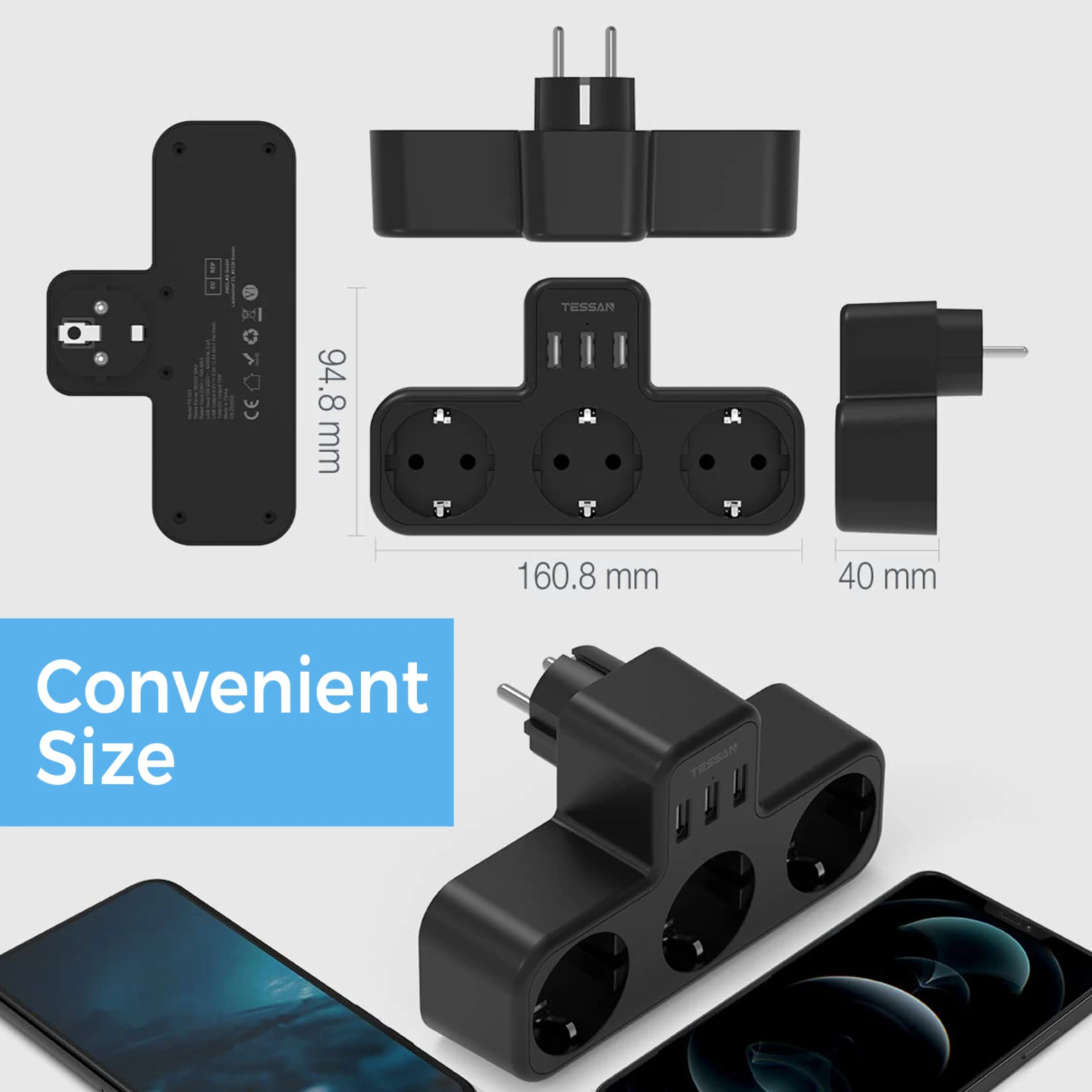 TESSAN Adapter wtyczki USB Multi-tap z 3 gniazdami Schuko 2 porty USB 6 w 1 Thief Adapter wtyczki European Multiple Plug Adapter do domu