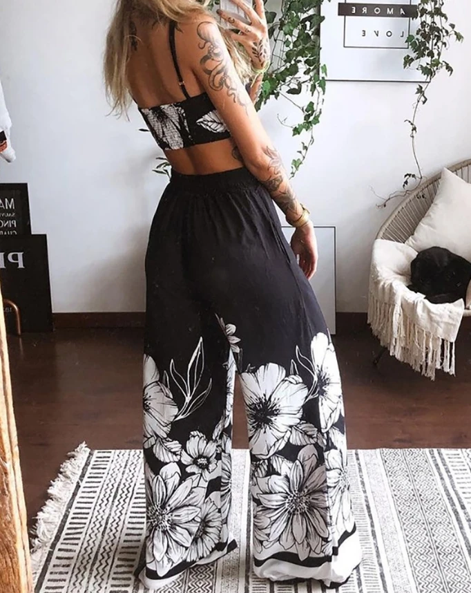 Sexy Elegant Twisted Front Floral Print Crop Top& Wide Leg Pants Set Womens Two Piece Sets Outfit New Fashion 2024 Summer Casual