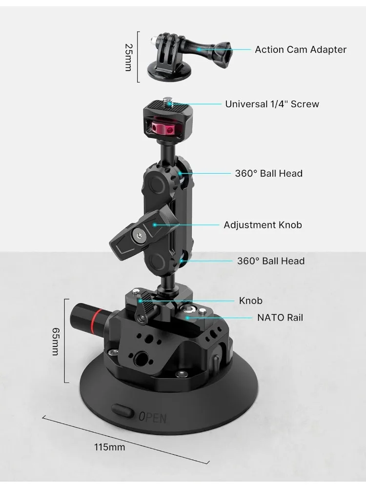 Camera Suction Cup Mount for Action Cameras 02 4.5in Pump-actived Vacuum Suction Mount w Quick Release NATO Magic Arm