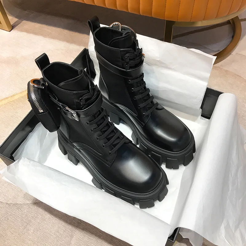 Women Black Punk Ankle Thick-soled Motorcycle Boots Fashion Lace-up Spring Thick Heel Belt Buckle Pocket Designer Chunky Shoes