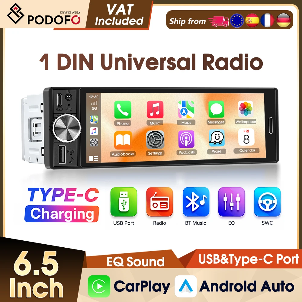 Podofo 6,8" Universeller Auto-MP5-Player Autoradio Stereo CarPlay Android Auto IPS HD Touchscreen FM Bluetooth Mirror Link USB Auto-Multimedia-Video-Player