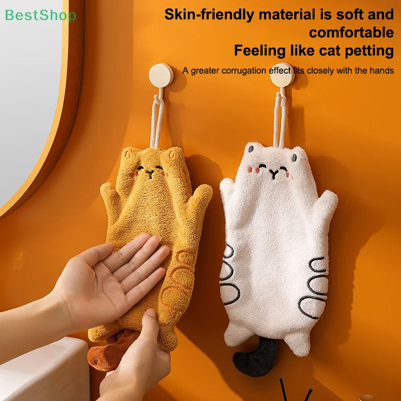 

Cartoon Cat Hand Towel - Hanging Type, Absorbent & Quick-Drying, For Kitchen/Bathroom, Household Use, Giftable