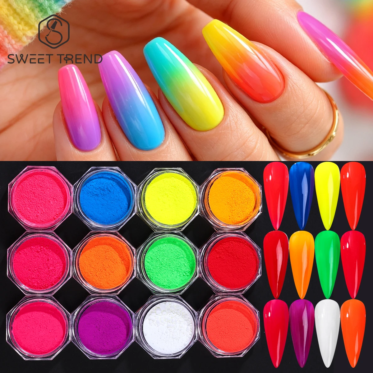 12 pièces de pigment fluorescent arc-en-ciel pour ongles, paillettes néon brillantes, poudre brillante Y2K, paillettes dégradées, chrome scintillant, décoration de manucure
