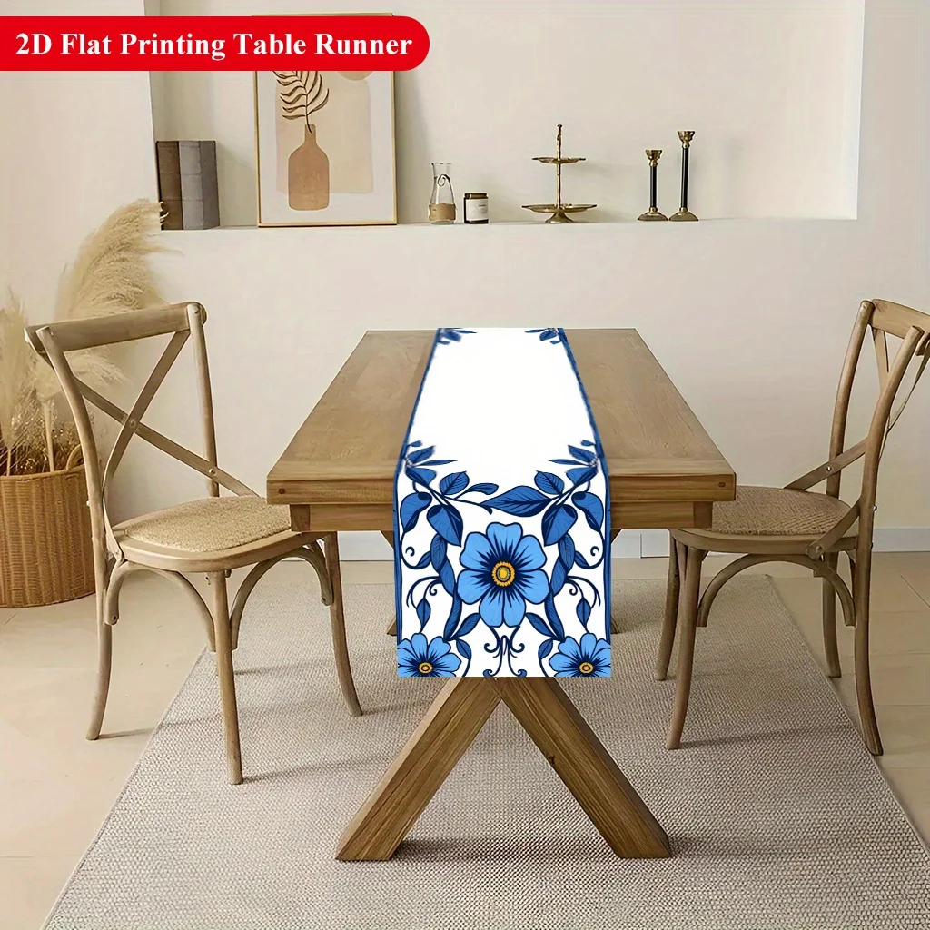 1 Piece Blue Floral Border Design Table Runner, Suitable for Farmhouse, Indoor, Kitchen, Celebrations, Table Decoration, Restaurant and Banquet Decoration Supplies