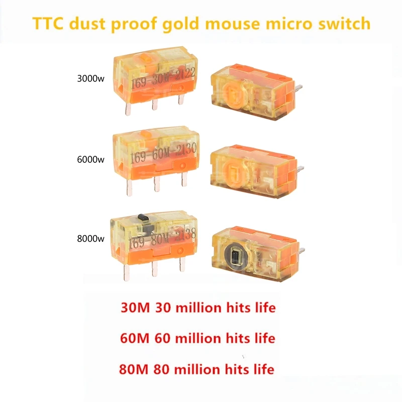 Microinterruttore per mouse dorato antipolvere TTC 30M 60M 80M Clic a vita Contatto in lega d'oro 3 pin Microinterruttore da 3 piedi 2 PZ