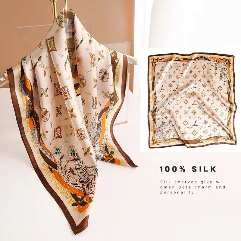 

Luxury 100% Silk Square Scarf Retro Brown Orange Feather Print Women Neckerchief Head Wrap Hair Band Bag Accessory Bandana