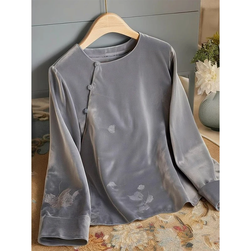 

Floral Embroidered Velvet Blouses Women Long Sleeve Loose Shirts Retro Chinese Vintage Ethnic Style Sleeveless Tops Oversized