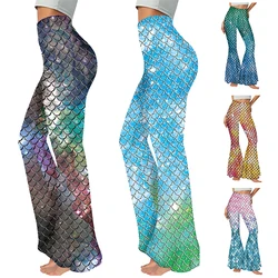 Zawaland Women's Pants Flared Trousers 2024 Fashion Elegant Fish Scale Print Pants Party Costume Mermaid Print Bell Bottoms