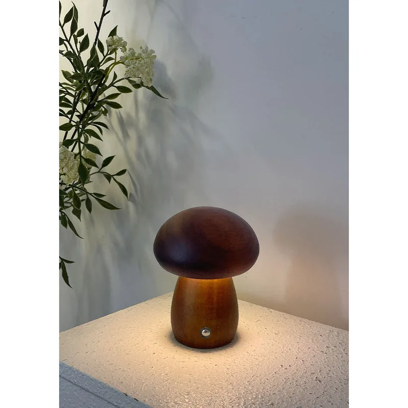 Solid Wood Mushroom LED Rechargeable Night Light Creative Gift Bedside Lamp Simple Touch Ambient Lighting For Bedroom