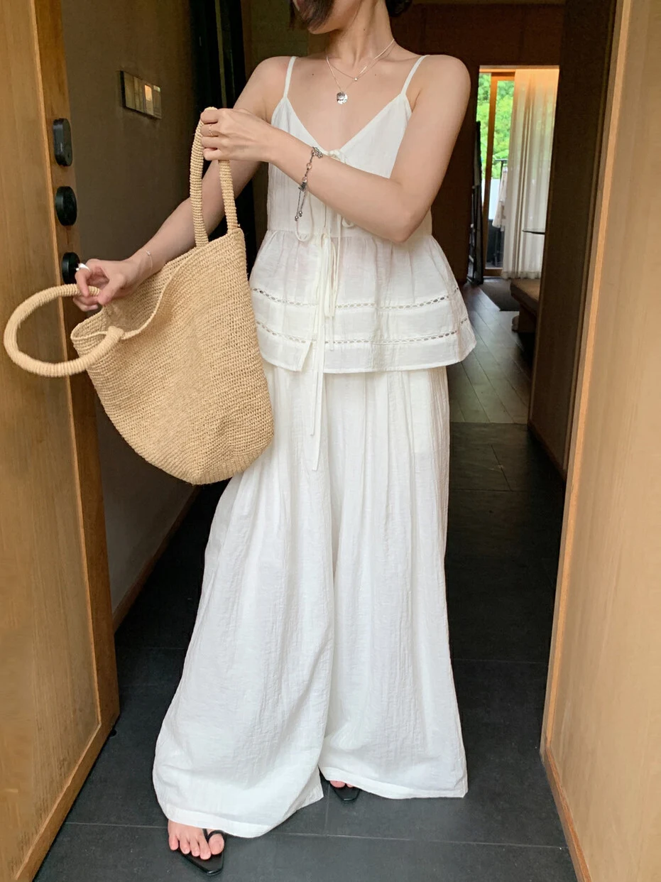 Summer Thin Two-Piece Set Women's Korean Sle Sweet Strapl Belted Loose Casual Pants Comfortable Breathable Faion Set