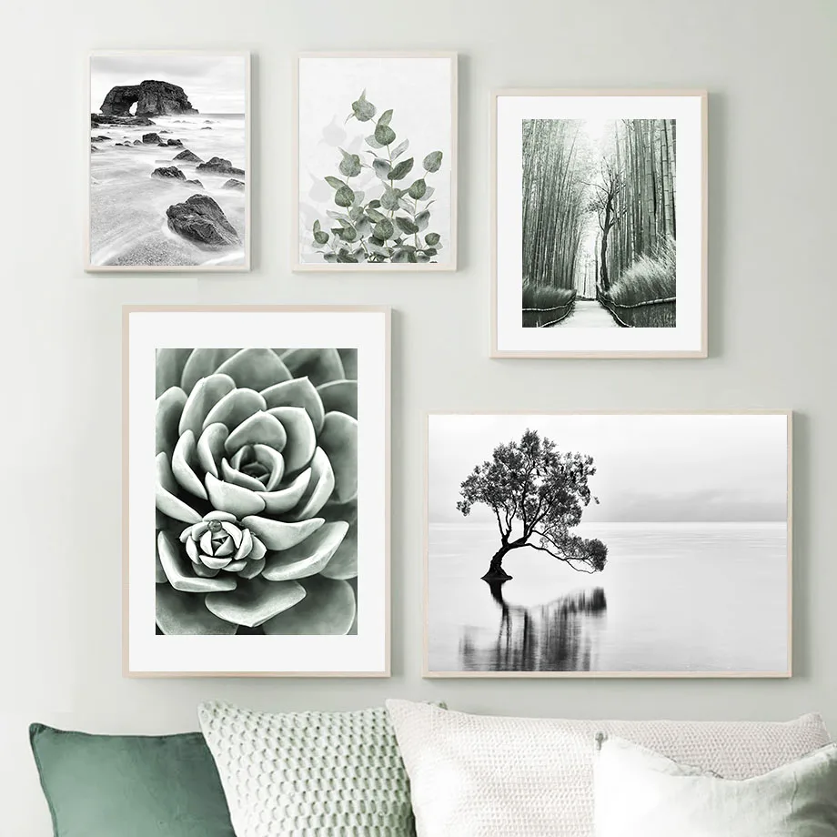 Mint Green Succulent Eucalyptus Twigs Reef Lake Tree Wall Art Mural Canvas Painting Poster Prints Pictures For Living Room Decor