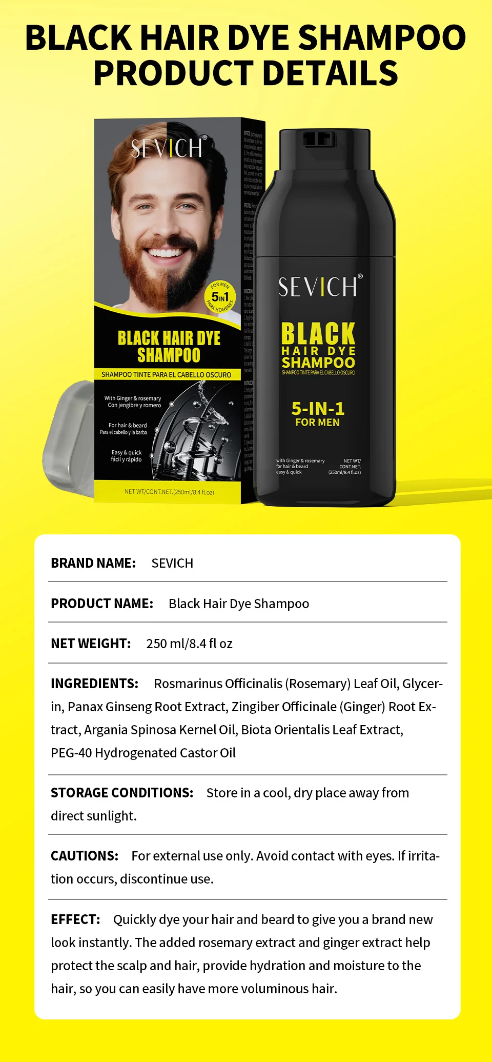 250ml Natürliches Schwarzes Haarfärbeshampoo für Männer Sofort Grau zu Schwarz Ingwer-Haarfärbemittel Reparatur Weißer Haarpflege Schwarzes Bartshampoo – Detail 10