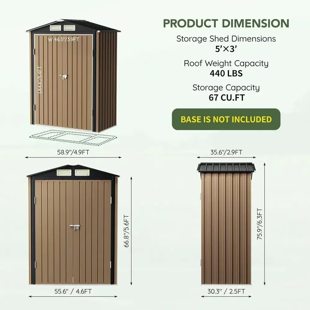 Outdoor Metal Storage Shed, 5x3, Double Doors, Clear Window, Ideal for Tools, Garden, Backyard, Brown