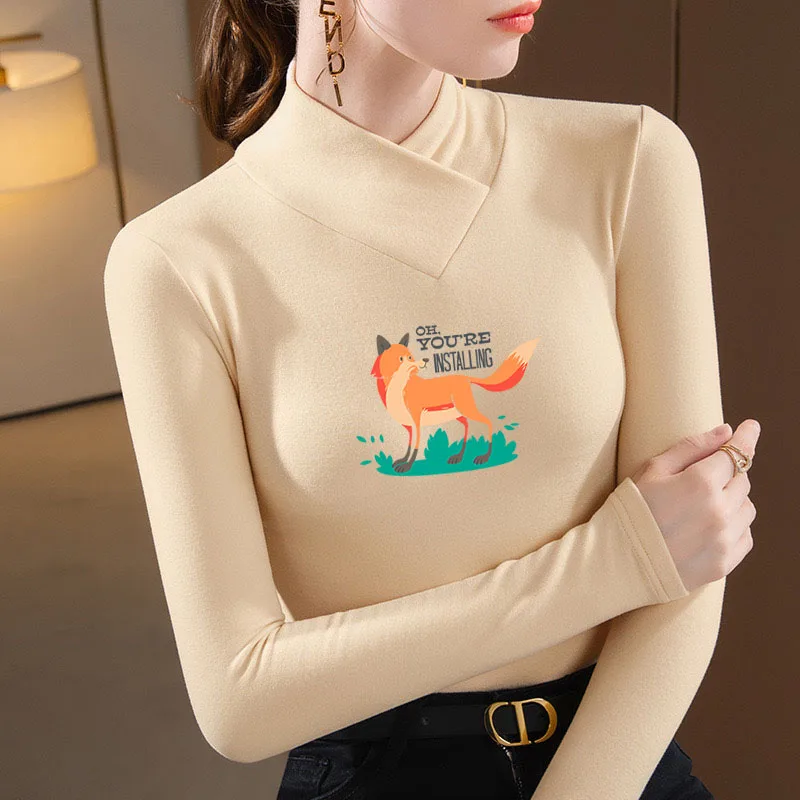 

Эластичная футболка с длинным рукавом и принтом лисы, женская осенне-зимняя бархатная теплая базовая пуловерная рубашка, модный женский топ