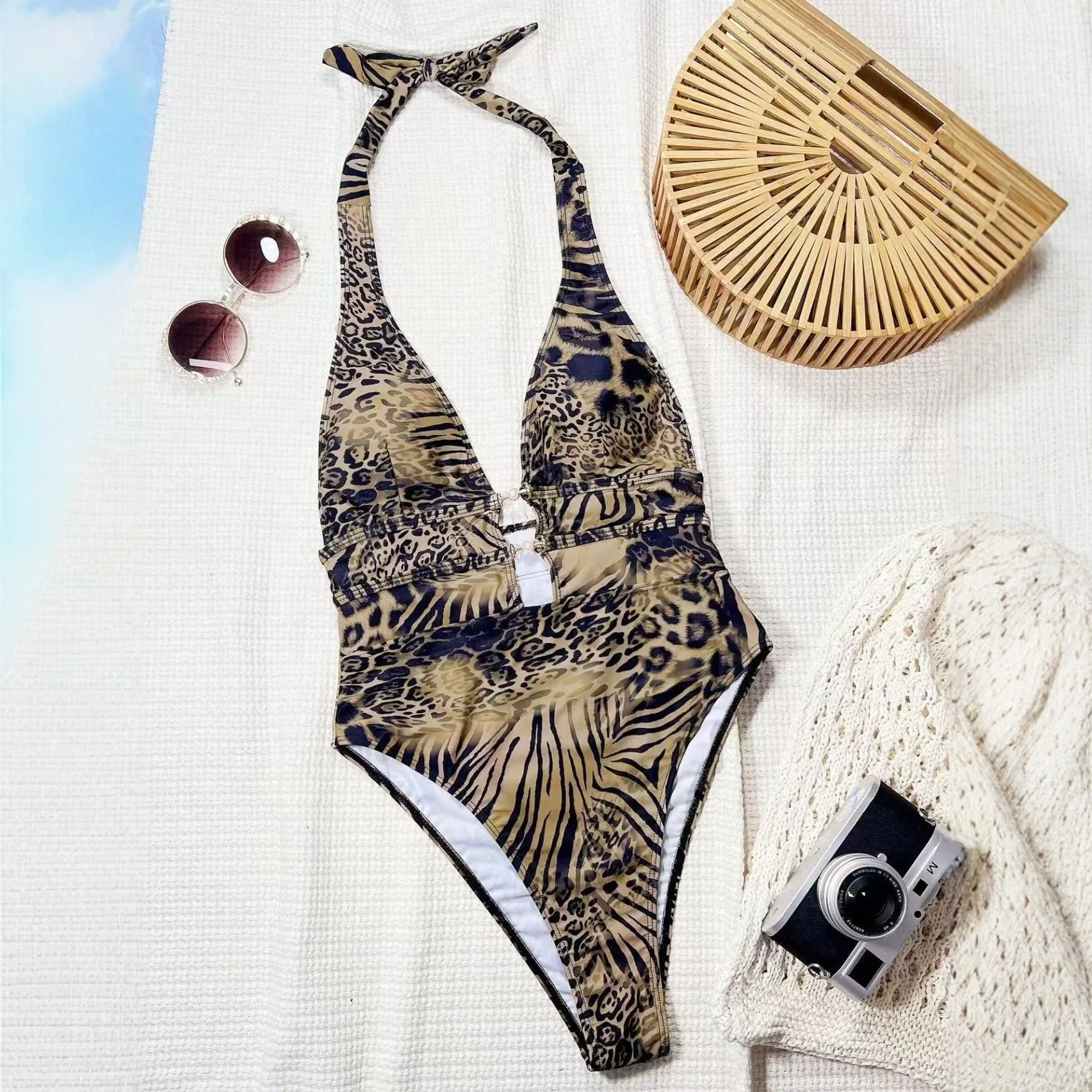 2026 New Leopard Print One Piece Swimsuit - Sexy Cutout Halter Neck Bathing Suit with Chain Detail for Women, Trendy Beachwear
