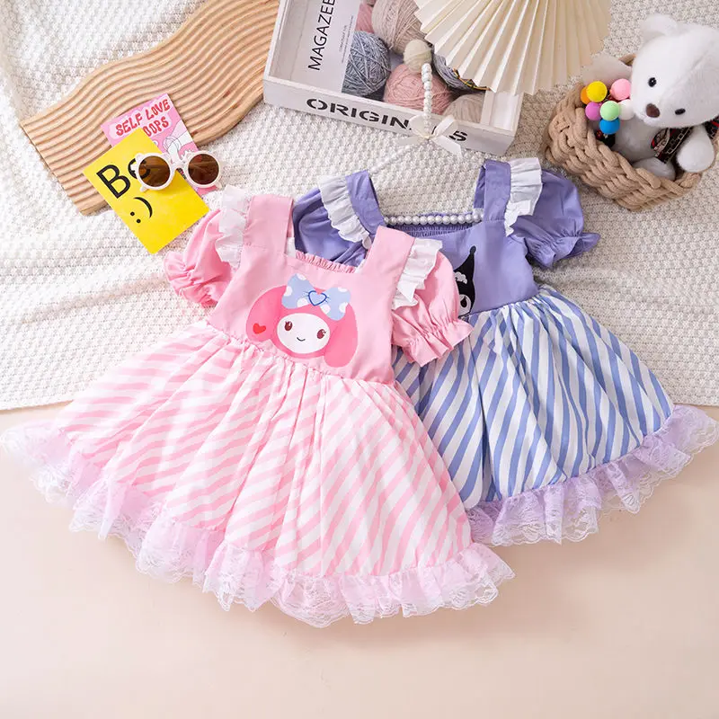 

Girly Heart Kawaii Sanrio Anime Kuromi Princess Dress Summer Cute Cartoon My Melody Short Sleeve Skirt Clothing Gifts for Girls