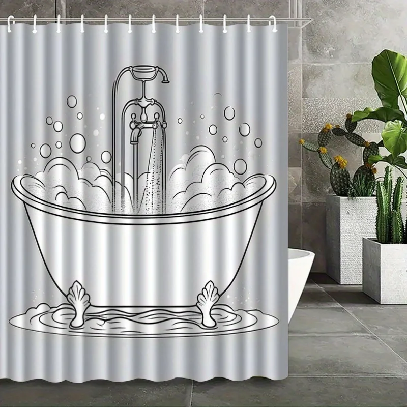 Funny Bathtub Shower Curtain, Cartoon Bubble Bath Line Art Print Waterproof Bathroom Decor, Novelty Home Bath Screen