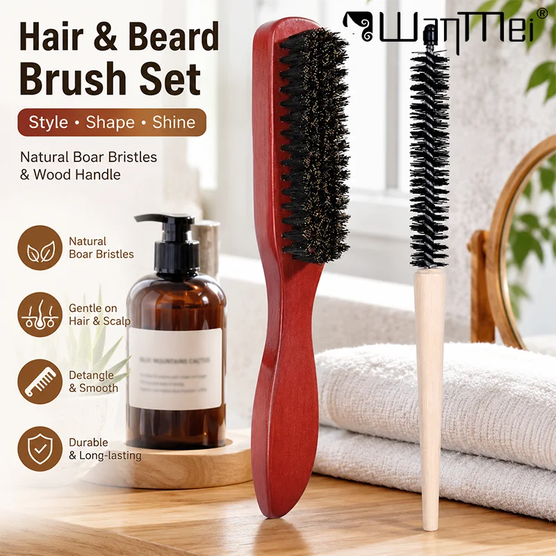 Juego de 2 cepillos profesionales para cabello y barba, cerdas naturales de jabalí, mango de madera, peine para peinar, herramientas para desenredar y dar forma, cuidado diario