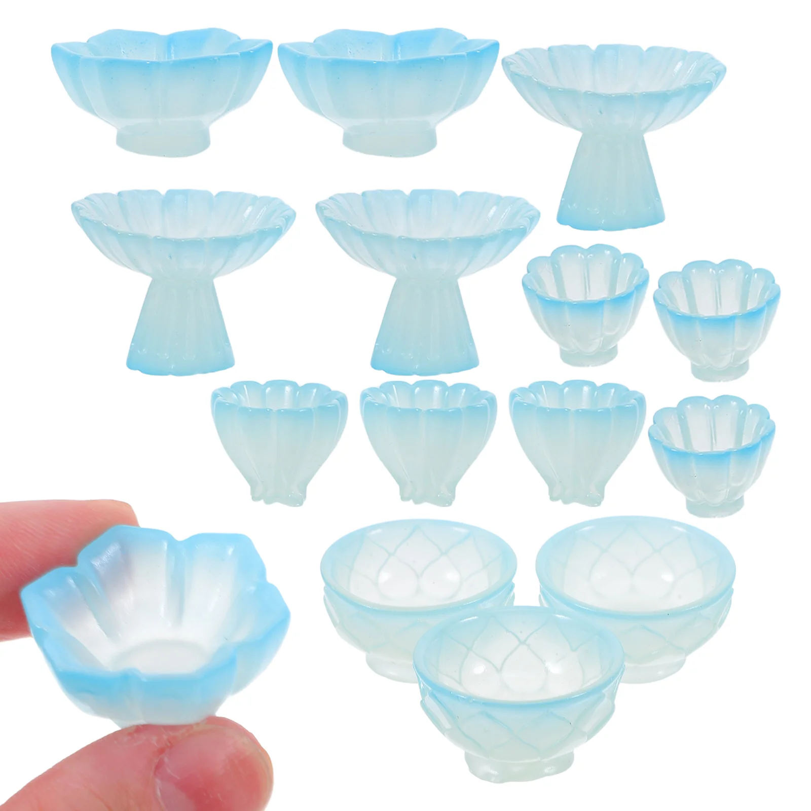 

15Pcs Chinese Style Resin Glow in The Dark High Footed Tea Bowls Miniature Dollhouse Accessories Mini Teacup Set Dollhouse