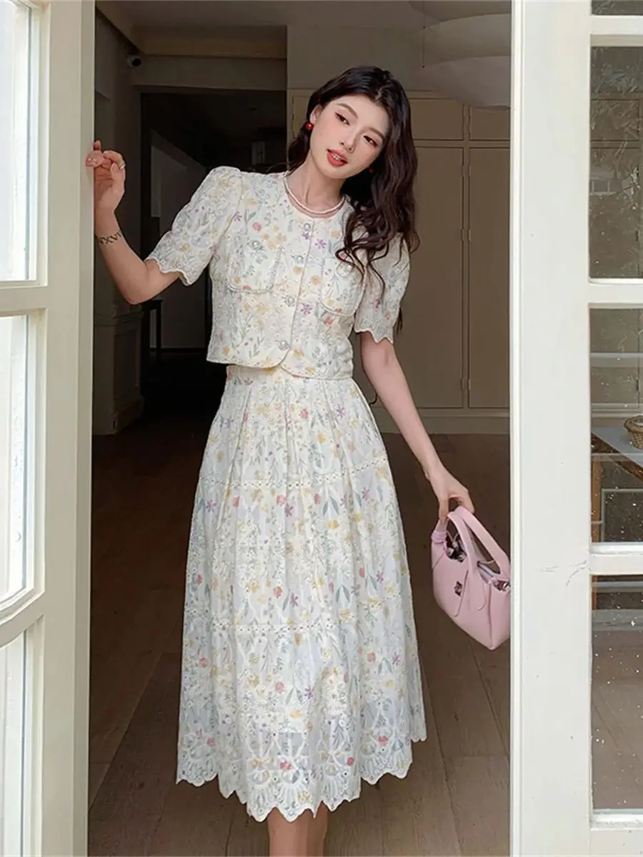 

Rustic Fashion Floral Print Crop Top Two Piece Sets Women Outfits Vintage Embroidery Beaded 2 Piece Dress Sets