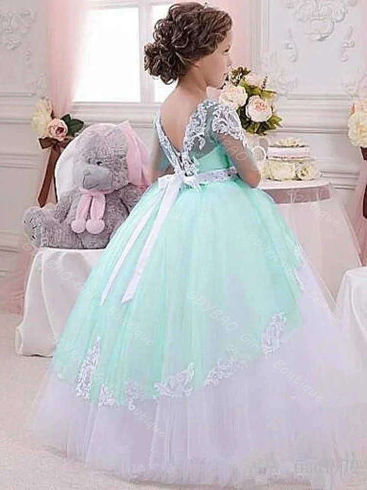레이스 플라워 걸 드레스, 비즈 장식의 허리띠, 유아용 티어드 튤 소재, 첫 영성체 드레스, 아동 맞춤형 웨딩 파티 볼 가운