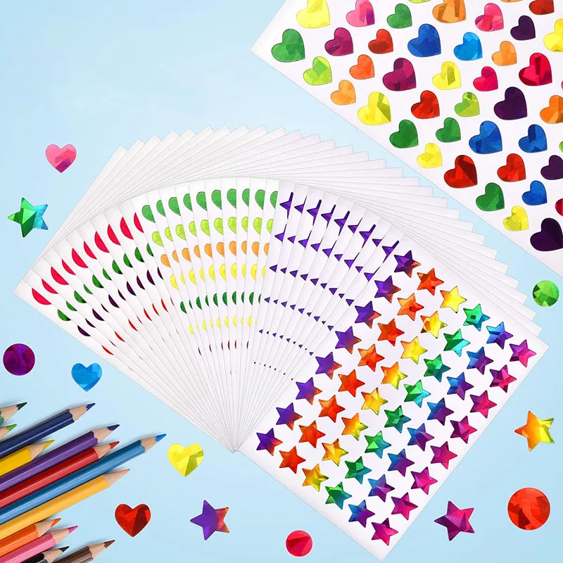 Sparkly Holographic Round Dot Heart Star Stickers for Kids Student Rewards Glitter Foil Behavior Reward Chart Decoration Decals