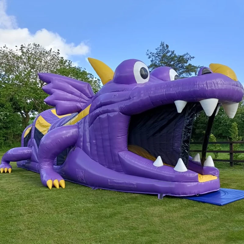 Large Inflatable Obstacles For Outdoor Activities Include A Slide And A Matching Blower