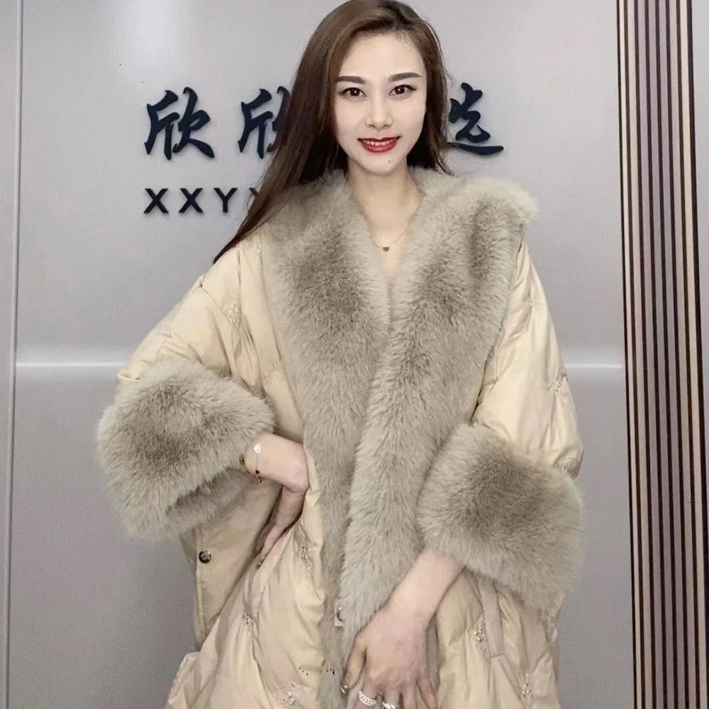 2023 Winter Warm Women\'s Poncho Jacket Temperament Tassel Shawl Warm Down Coat Cloak Fashion New Faux Rabbit Fur Cape Overcoats