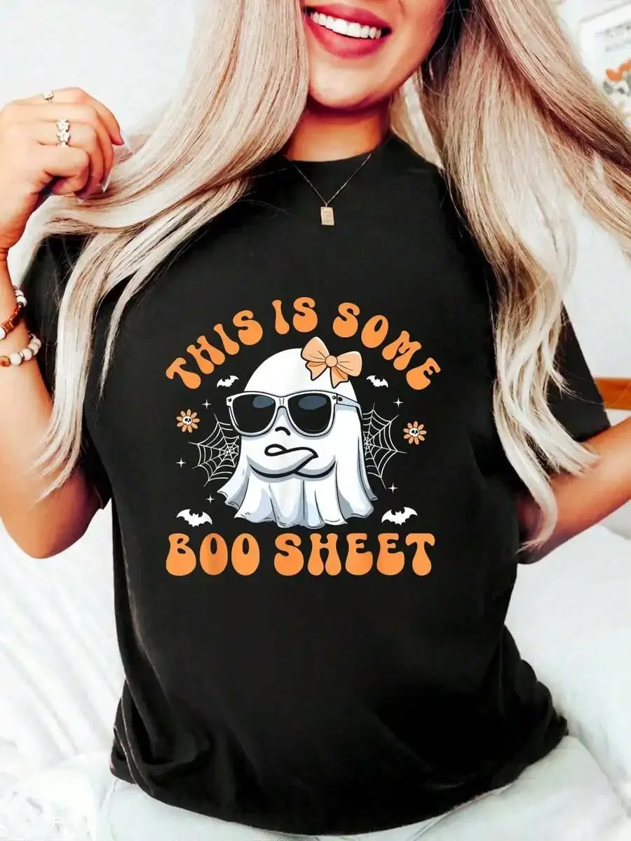 Women Retro Halloween Graphic Tee This Is Some Boo Sheet Cool Ghost With Sunglasses & Bow Print Crew Neck Short Sleeve Oversized Casual Black T Shirt